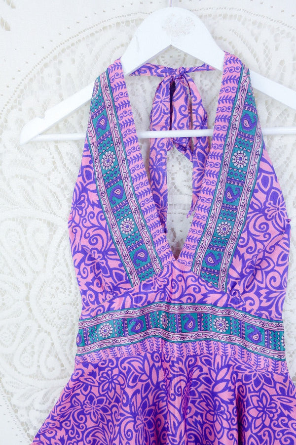 Sydney Halter Top - Powder Pink & Violet Floral - Vintage Sari - S/M by all about audrey