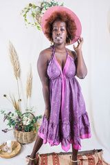 Blossom Halter-Neck Midi Dress - Mauve & Bubble Gum Paisley Flora - Free Size L