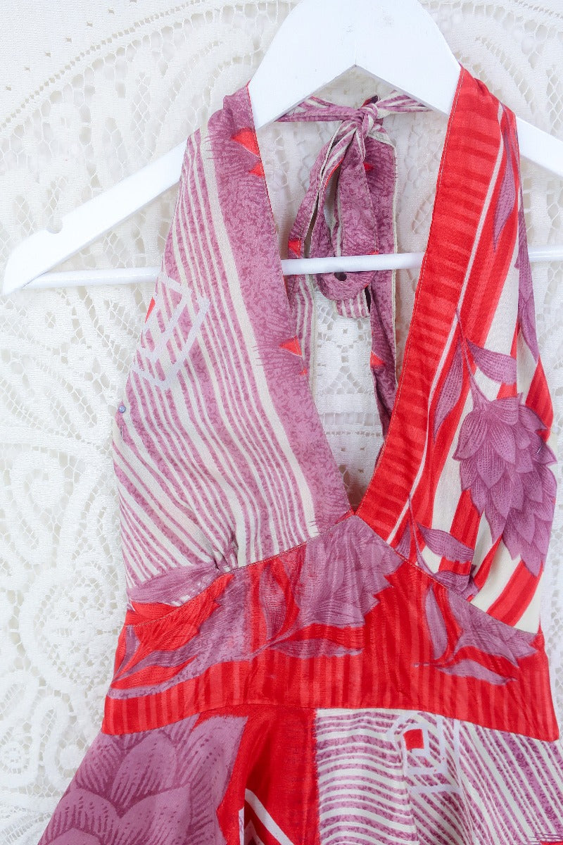 Sydney Halter Top - Cream & Strawberry Red Stripe Floral - Vintage Sari - S/M by all about audrey