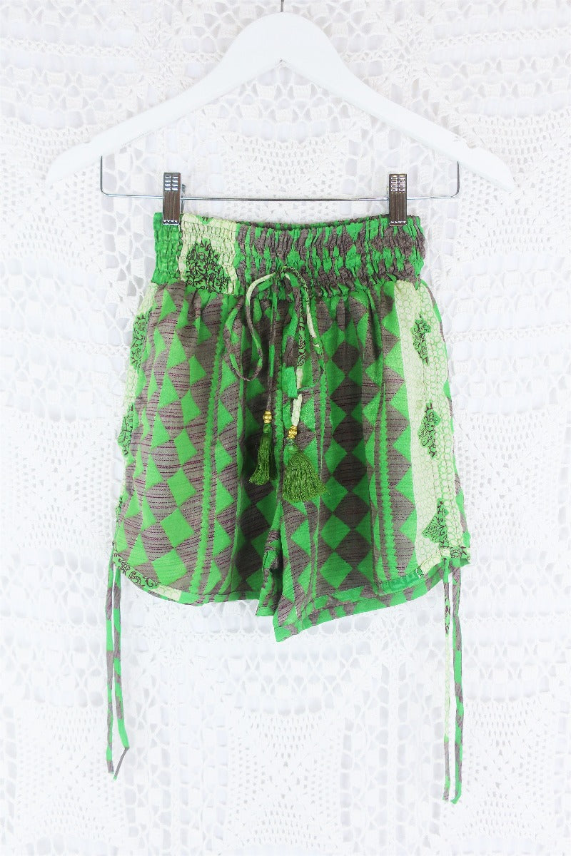 Pippa Shorts - Mauve & Spring Green Diamonds - Vintage Indian Sari - S by All About Audrey