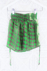 Pippa Shorts - Mauve & Spring Green Diamonds - Vintage Indian Sari - S by All About Audrey