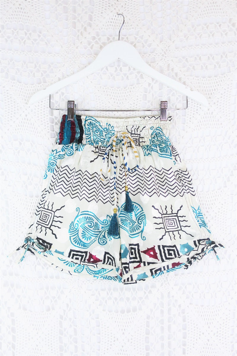 Pippa Shorts - Snow & Teal Shimmer - Vintage Indian Sari - S by All About Audrey