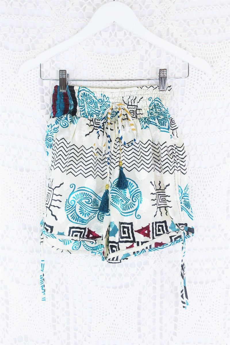 Pippa Shorts - Snow & Teal Shimmer - Vintage Indian Sari - S by All About Audrey