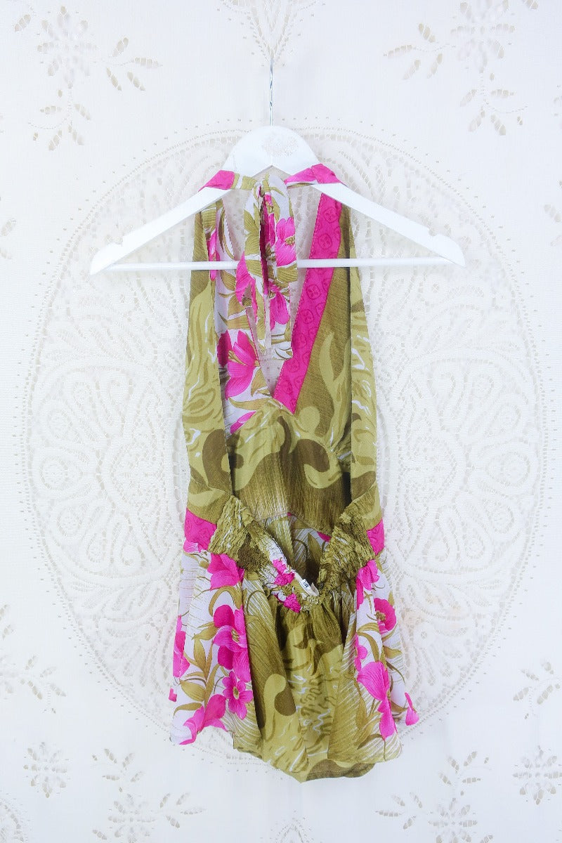 Sydney Halter Top -  Olive & Pink Garden- Vintage Sari- S/M by all about audrey