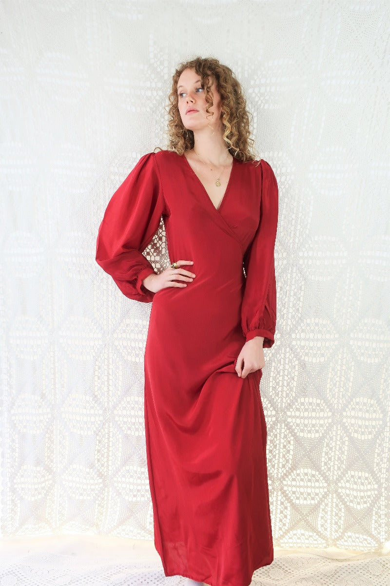 Lola Long Wrap Dress - Block Colour Ruby Red - ALL SIZES all about audrey