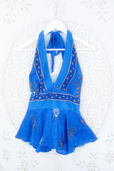 Sydney Halter Top - Cobalt & Navy Floral - Vintage Sari - S/M by all about audrey