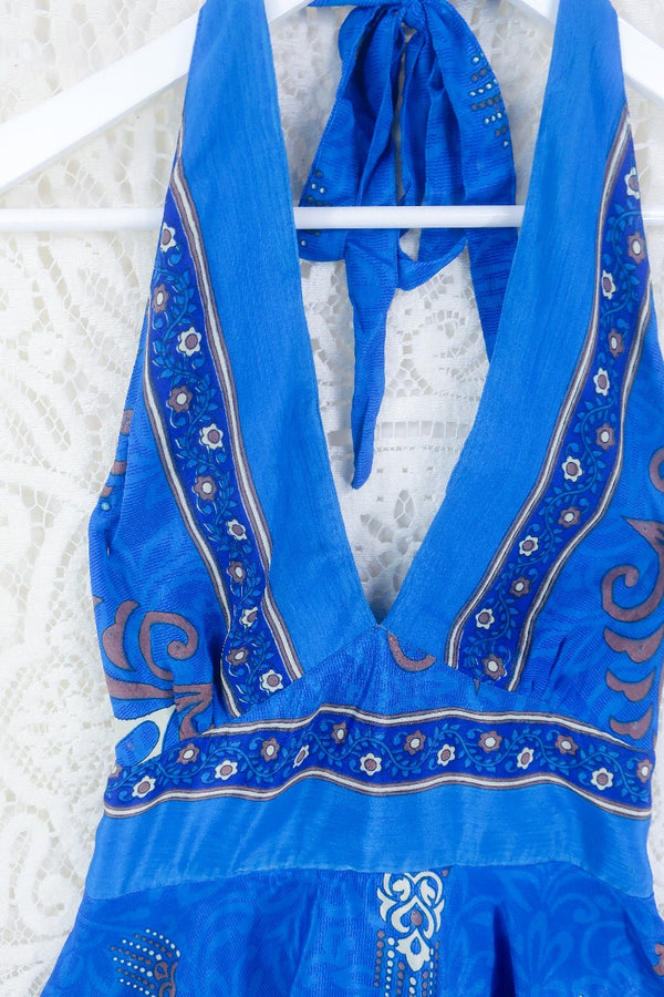 Sydney Halter Top - Cobalt & Navy Floral - Vintage Sari - S/M by all about audrey
