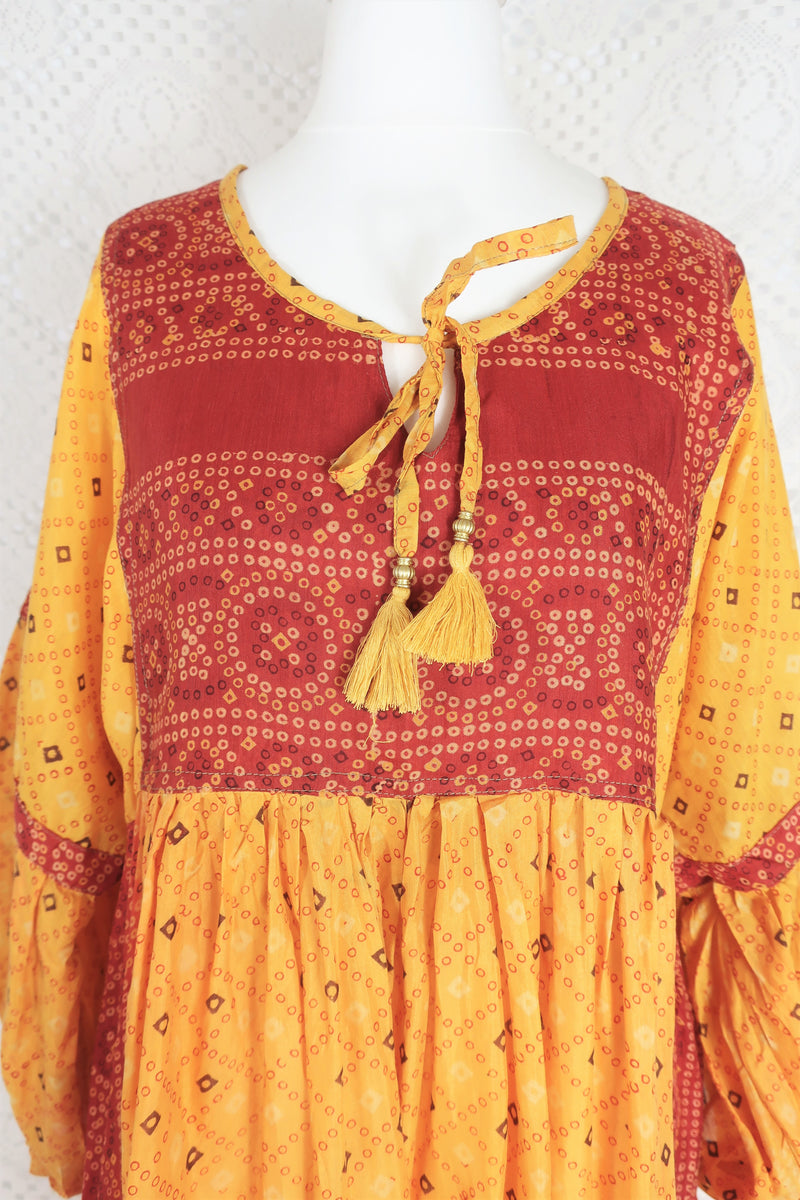 Daisy Midi Smock Dress - Vintage Indian Cotton - Marigold & Ruby Block Print - M