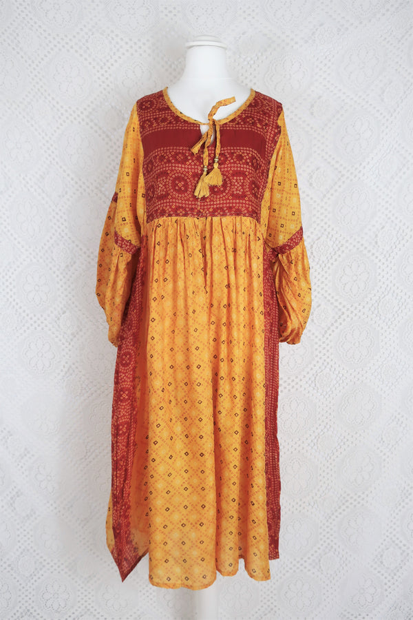 Daisy Midi Smock Dress - Vintage Indian Cotton - Marigold & Ruby Block Print - M