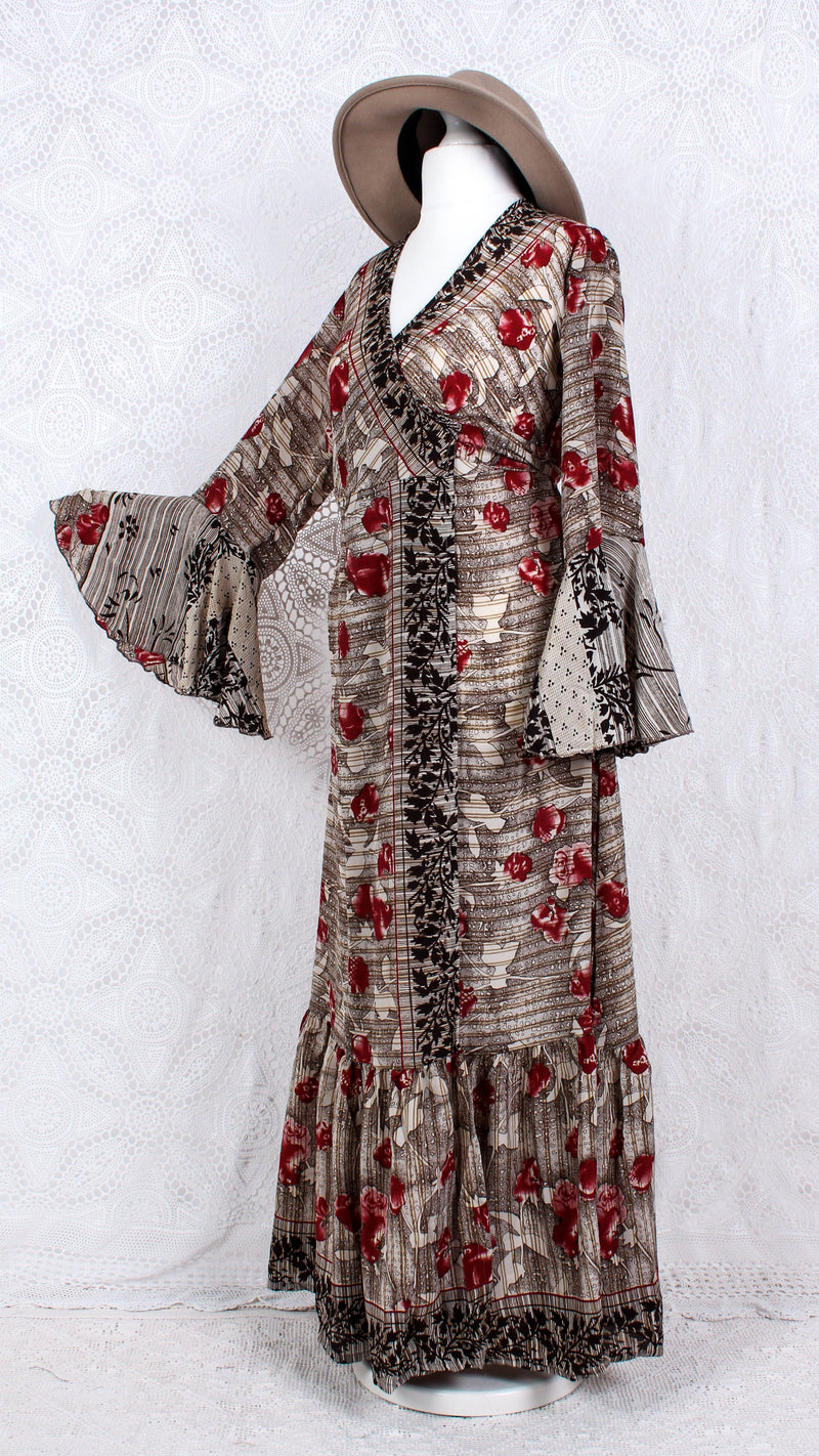 SALE Sylvia Wrap Dress - Vintage Indian Sari - Cream, Hickory & Ruby Floral (S to M/L)