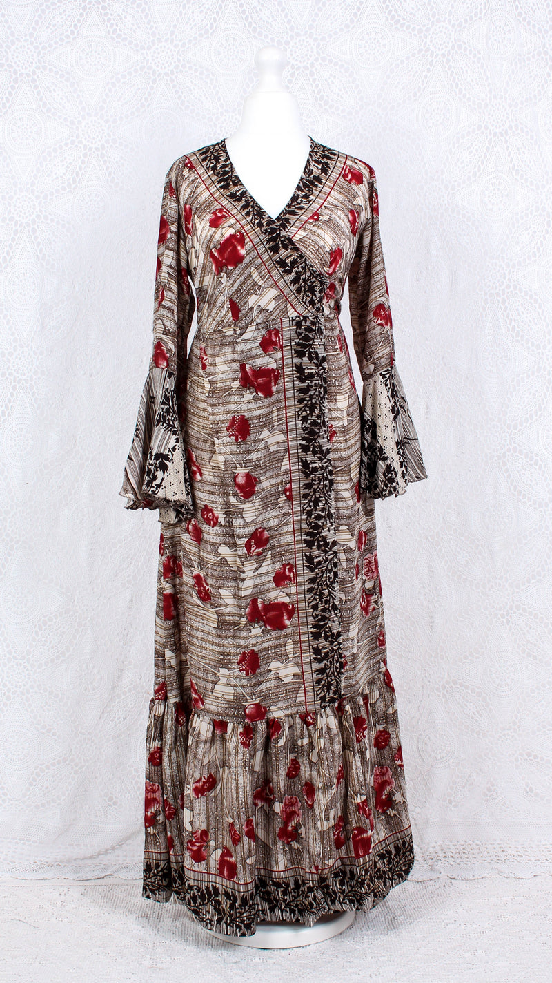 SALE Sylvia Wrap Dress - Vintage Indian Sari - Cream, Hickory & Ruby Floral (S to M/L)