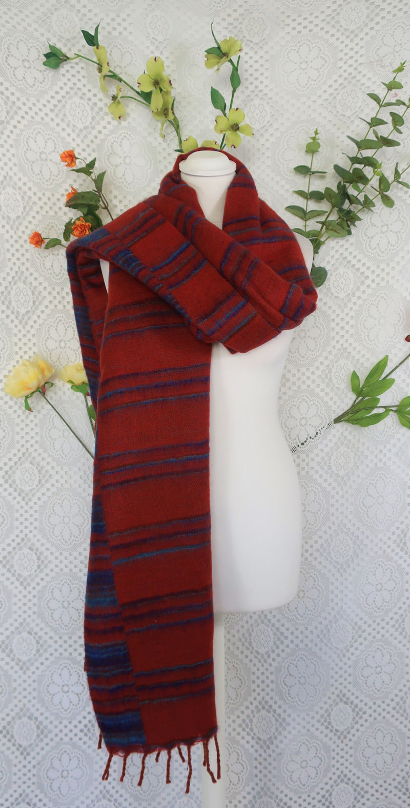 Brick Red, Cerulean & Lapis Striped Indian Shawl/Blanket