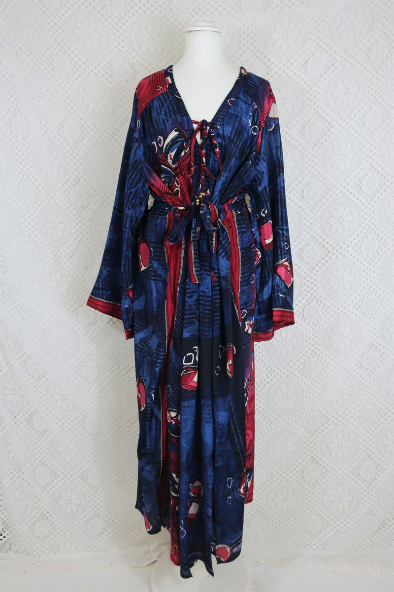 Gaia Kaftan Dress - Vintage Indian Sari - Indigo & Raspberry Abstract - Free Size