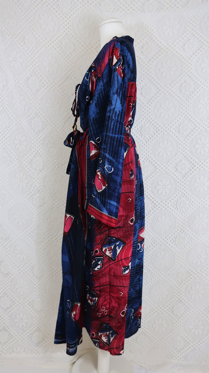 Gaia Kaftan Dress - Vintage Indian Sari - Indigo & Raspberry Abstract - Free Size