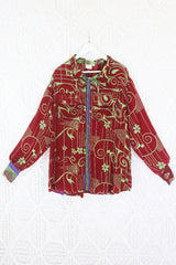 Clyde Shirt - Burgundy & Pistachio Geometric Floral - Vintage Indian Sari - XXL by All About Audrey