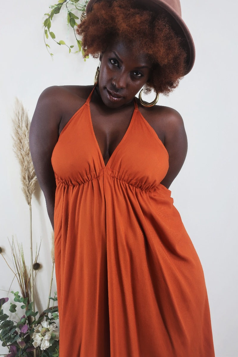 Khroma Medusa Midi Halter Dress - Fiery Orange - Free Size by all about audrey