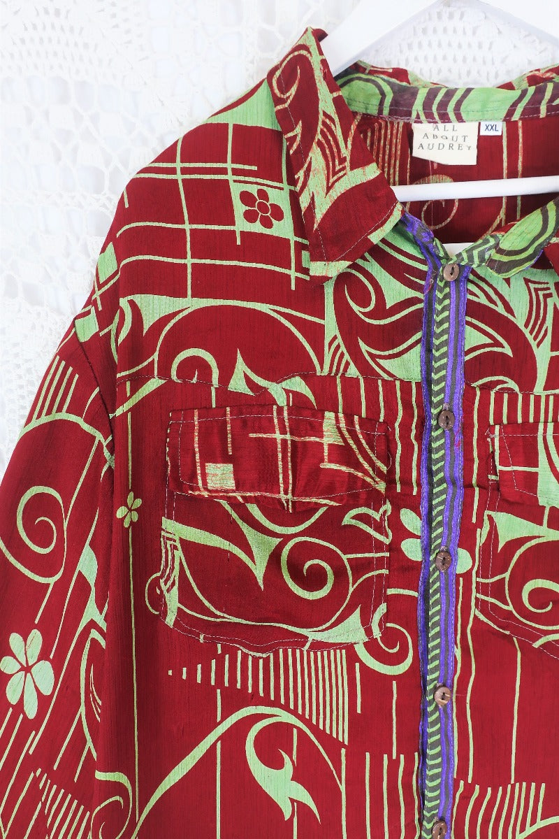 Clyde Shirt - Burgundy & Pistachio Geometric Floral - Vintage Indian Sari - XXL by All About Audrey