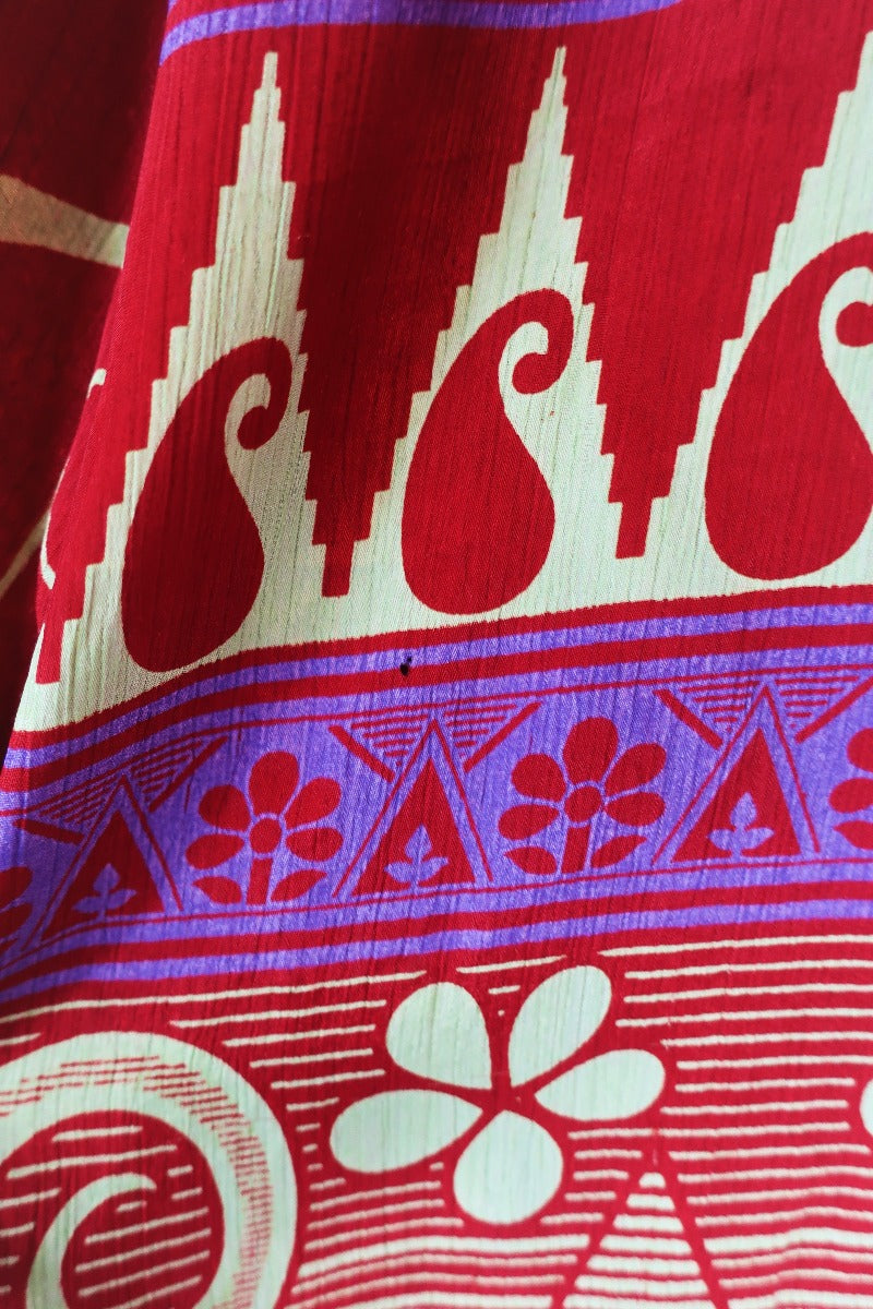 Clyde Shirt - Burgundy & Pistachio Geometric Floral - Vintage Indian Sari - XXL by All About Audrey