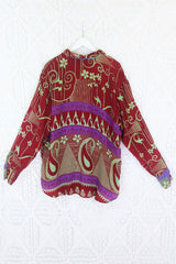 Clyde Shirt - Burgundy & Pistachio Geometric Floral - Vintage Indian Sari - XXL by All About Audrey