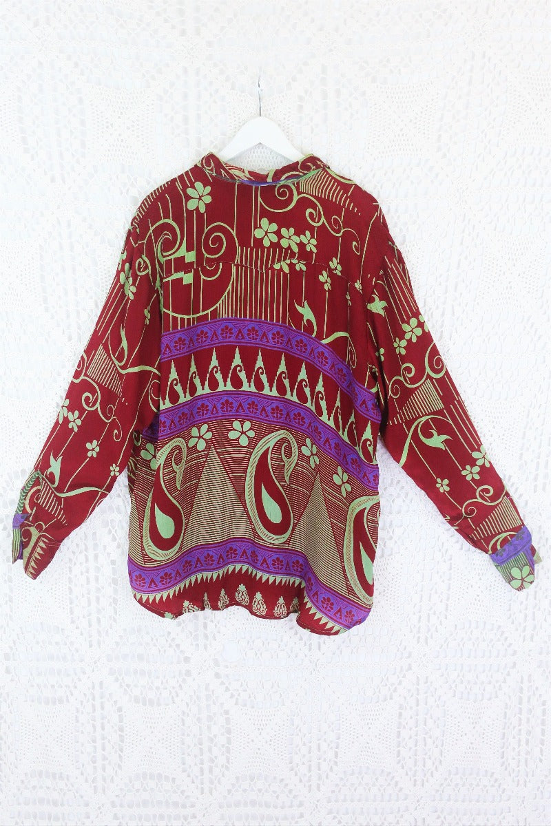 Clyde Shirt - Burgundy & Pistachio Geometric Floral - Vintage Indian Sari - XXL by All About Audrey