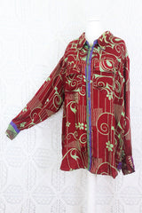 Clyde Shirt - Burgundy & Pistachio Geometric Floral - Vintage Indian Sari - XXL by All About Audrey