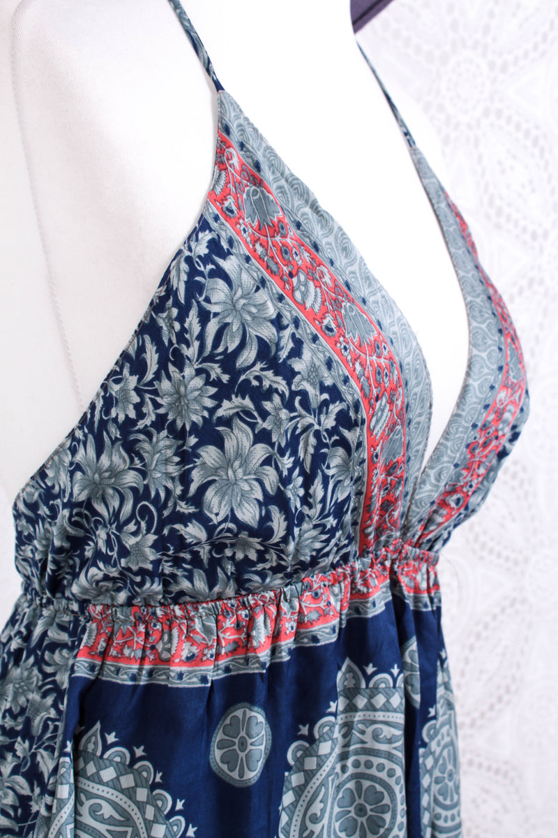 Cherry Mini Halter Dress - Indian Sari - Navy, Salmon & Fossil Floral