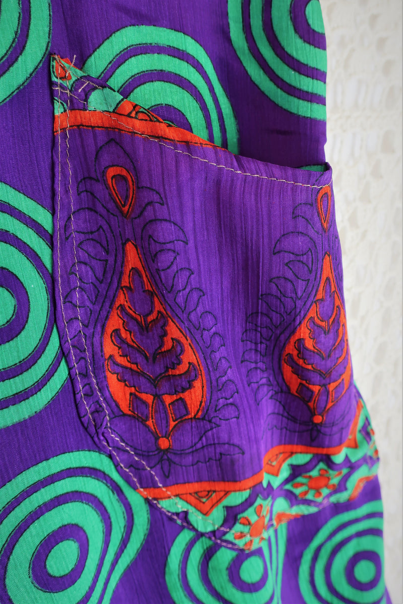 Joni High Waisted Flares - Vintage Indian Sari - Deep Purple & Jade Polka Dot - XL