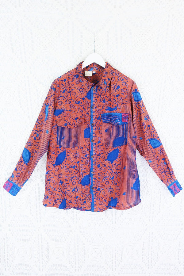Clyde Shirt - Sun Bleached Orange & Blue Floral - Vintage Indian Sari - S/M by All About Audrey