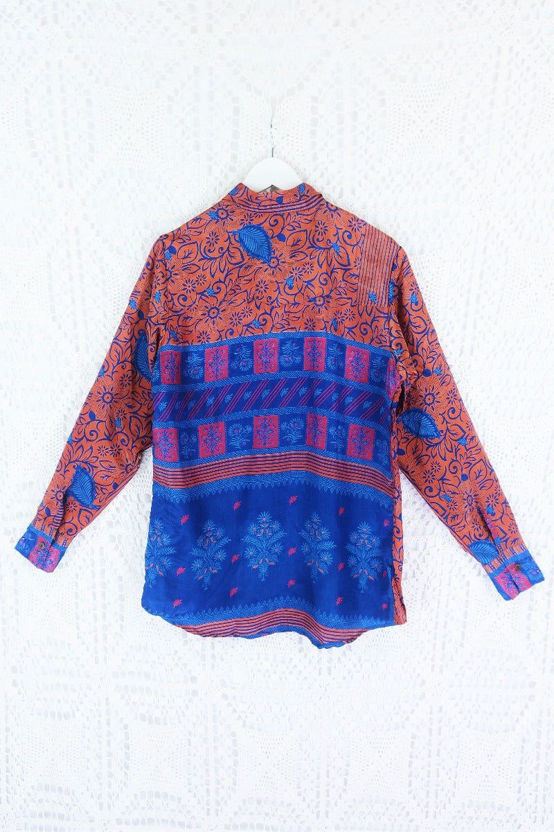 Clyde Shirt - Sun Bleached Orange & Blue Floral - Vintage Indian Sari - S/M by All About Audrey