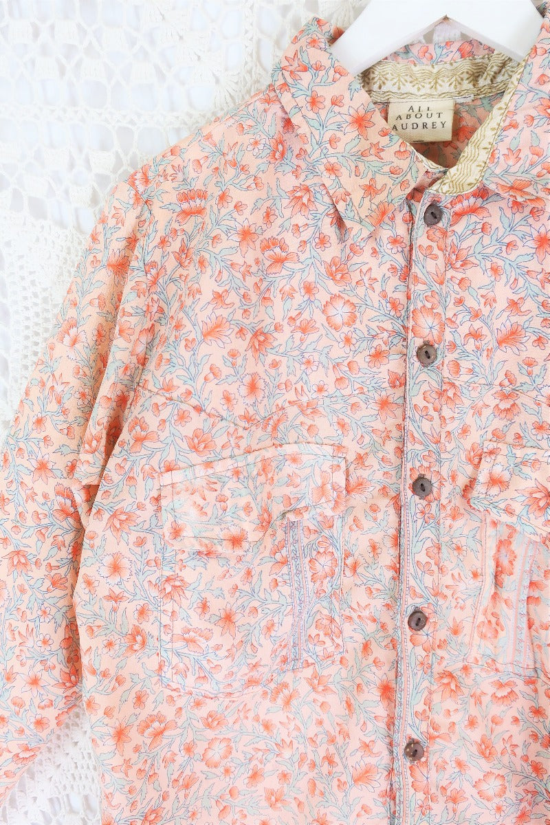Clyde Shirt - Cherry Blossom & Dove Floral - Vintage Indian Sari - XS by All About Audrey