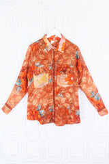 Clyde Shirt - Burnt Orange & Slate Botanical Jacquard - Vintage Indian Sari - S/M by All About Audrey