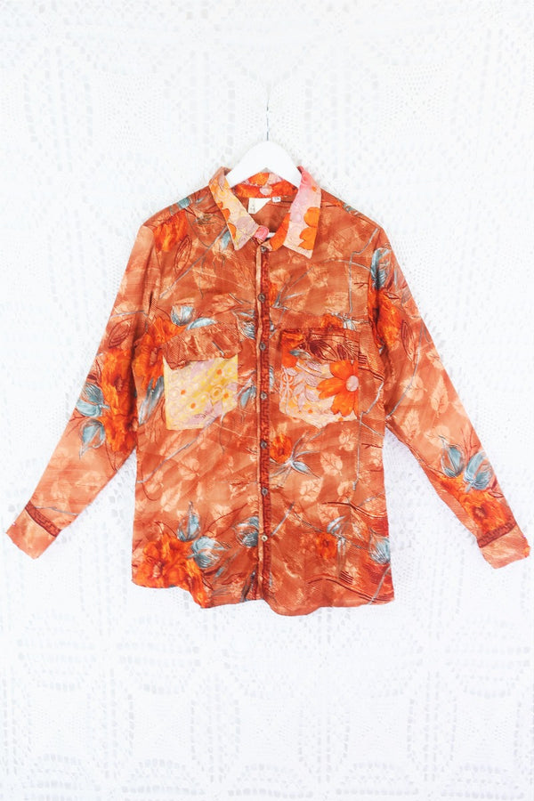 Clyde Shirt - Burnt Orange & Slate Botanical Jacquard - Vintage Indian Sari - S/M by All About Audrey