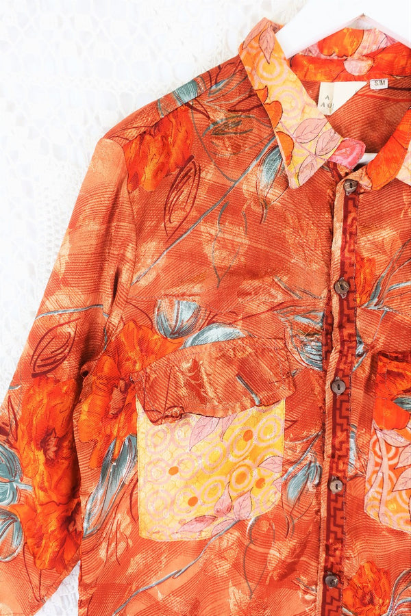 Clyde Shirt - Burnt Orange & Slate Botanical Jacquard - Vintage Indian Sari - S/M by All About Audrey