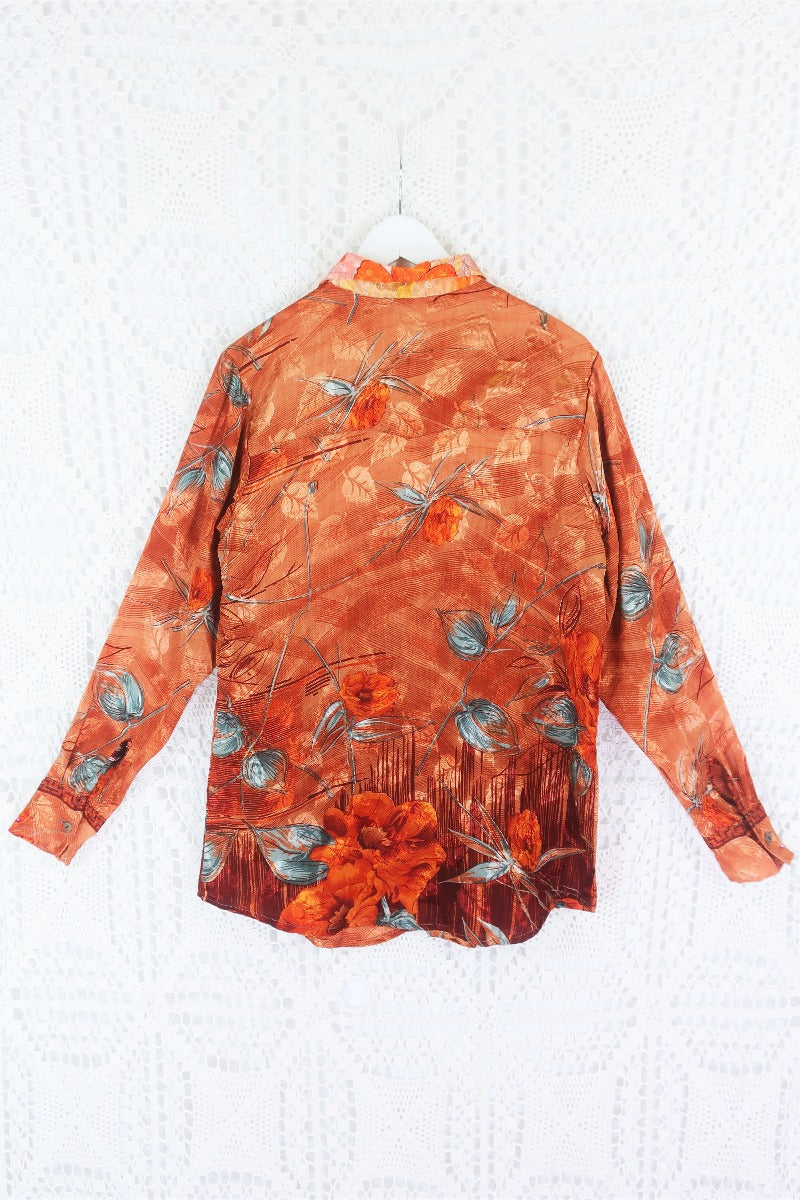 Clyde Shirt - Burnt Orange & Slate Botanical Jacquard - Vintage Indian Sari - S/M by All About Audrey