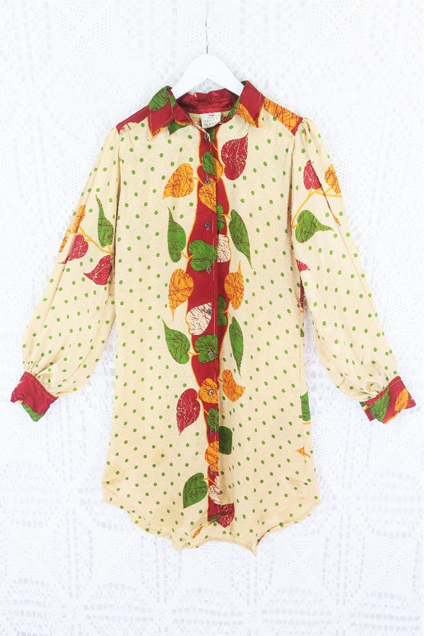 Bonnie Shirt Dress - Vintage Indian Sari - Cream & Crimson Leafy Polka Dot (S/M) by all about audrey