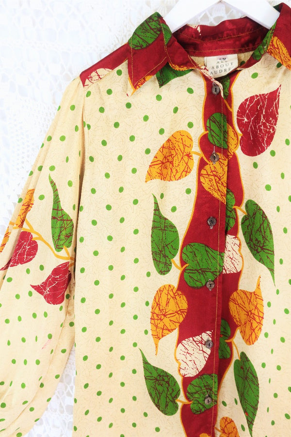 Bonnie Shirt Dress - Vintage Indian Sari - Cream & Crimson Leafy Polka Dot (S/M) by all about audrey