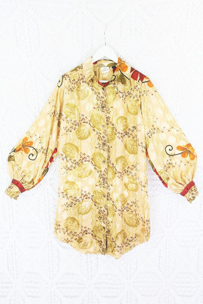 Bonnie Shirt Dress - Vintage Indian Sari - Gold Autumnal Floral (M/L) by All About Audrey