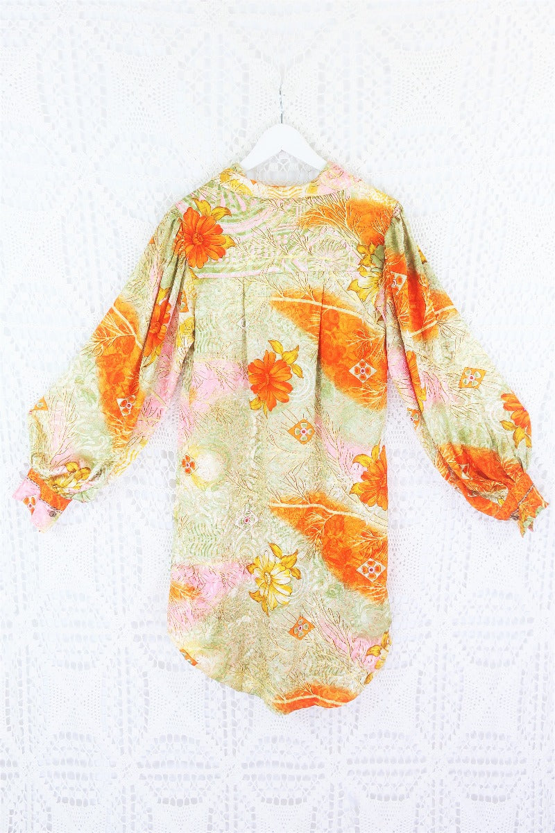Bonnie Shirt Dress - Vintage Indian Sari - Sunset & Pistachio Floral (M/L) by All About Audrey