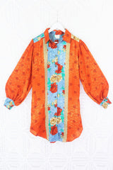 Bonnie Shirt Dress - Vintage Indian Sari - Copper Red Shimmer Floral (M/L) by All About Audrey