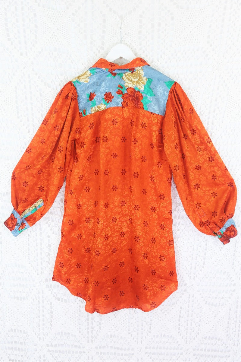 Bonnie Shirt Dress - Vintage Indian Sari - Copper Red Shimmer Floral (M/L) by All About Audrey