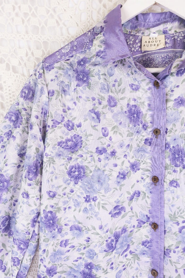 Bonnie Shirt Dress - Vintage Indian Sari - Lavender & Sage Wildflower (M/L) by all about audrey