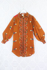 Bonnie Shirt Dress - Vintage Indian Sari - Cinnamon Floral (M/L) by All About Audrey