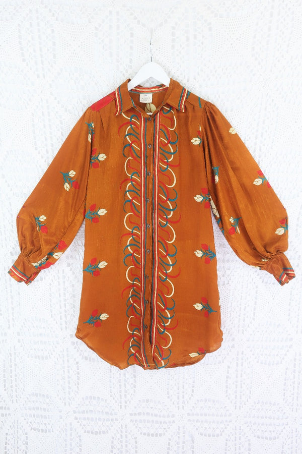 Bonnie Shirt Dress - Vintage Indian Sari - Cinnamon Floral (M/L) by All About Audrey