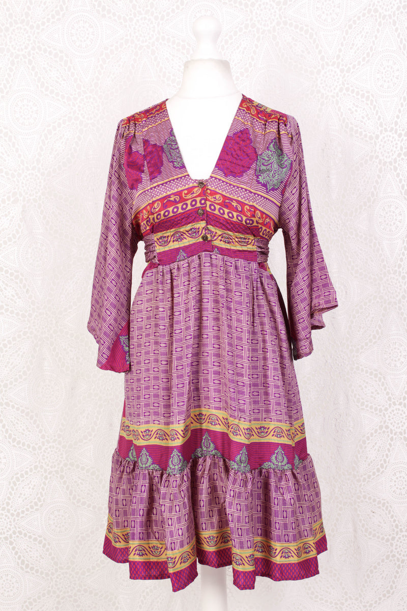 Lunar Mini Dress - Vintage Indian Sari - Deep Purple & Ivory Tile Print - Free Size M/L