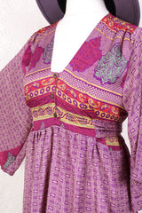 Lunar Mini Dress - Vintage Indian Sari - Deep Purple & Ivory Tile Print - Free Size M/L