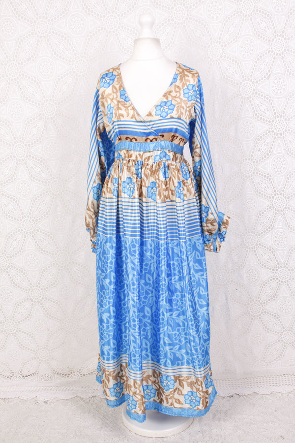 Rosemary Maxi Dress - Vintage Indian Sari - Summer Ocean & Beige Floral - S/M