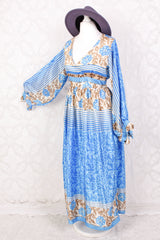 Rosemary Maxi Dress - Vintage Indian Sari - Summer Ocean & Beige Floral - S/M