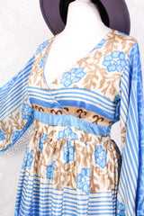Rosemary Maxi Dress - Vintage Indian Sari - Summer Ocean & Beige Floral - S/M