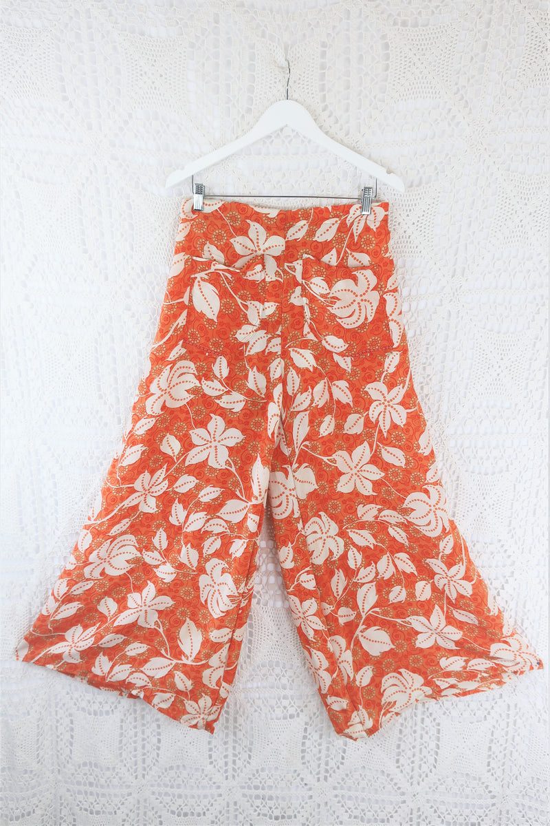 Joni High Waisted Flares - Vintage Indian Sari - Sweet Orange & Alabaster Floral - M/L