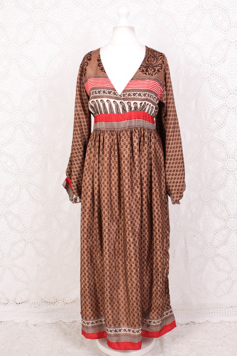 Rosemary Maxi Dress - Vintage Indian Sari - Hazelnut & Red Floral Paisley - S/M